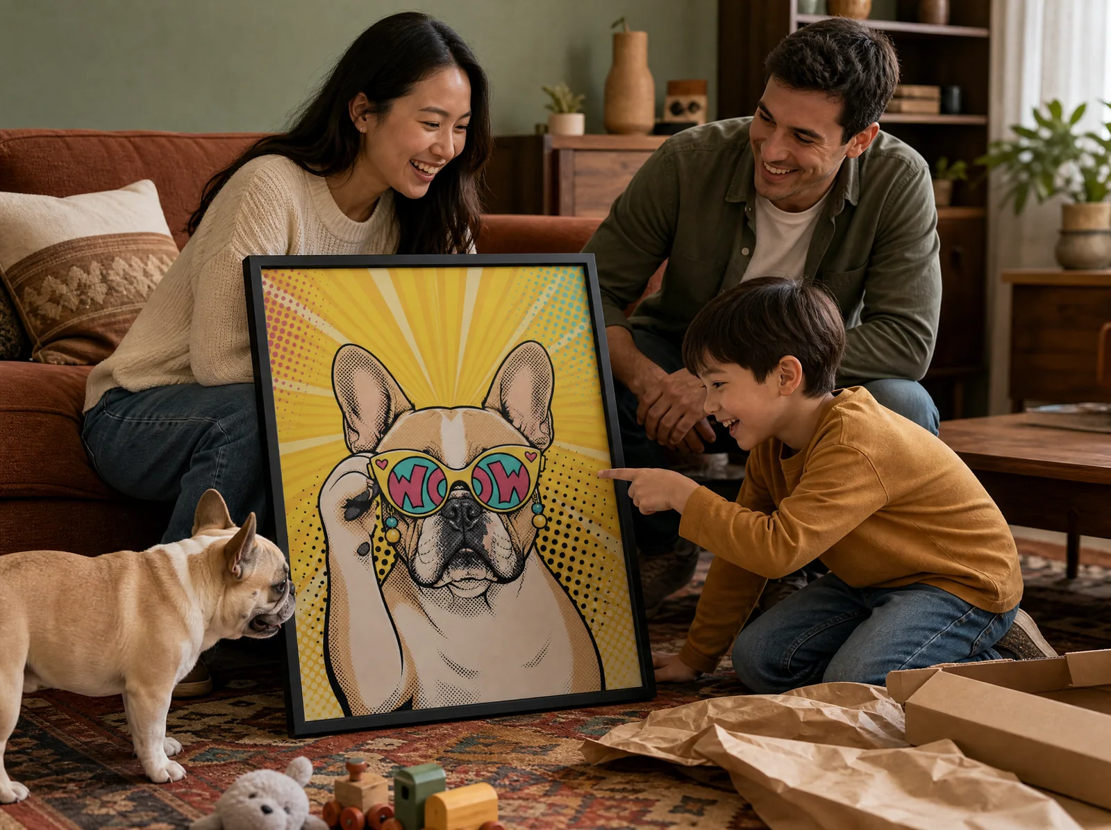 Famille riant en découvrant le portrait pop-art WOW de leur bouledogue français fraîchement déballé