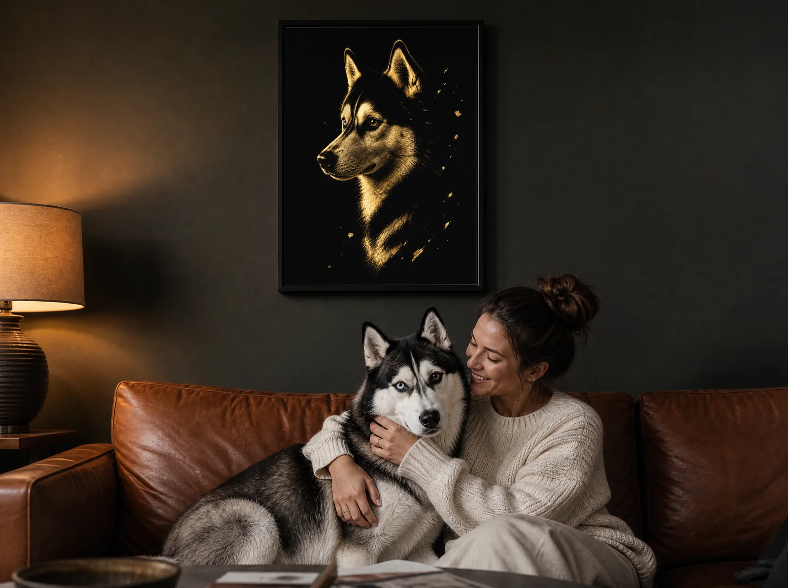 Femme câlinant son husky dans un salon chaleureux et sombre, sous son portrait Nocturne doré encadré au mur