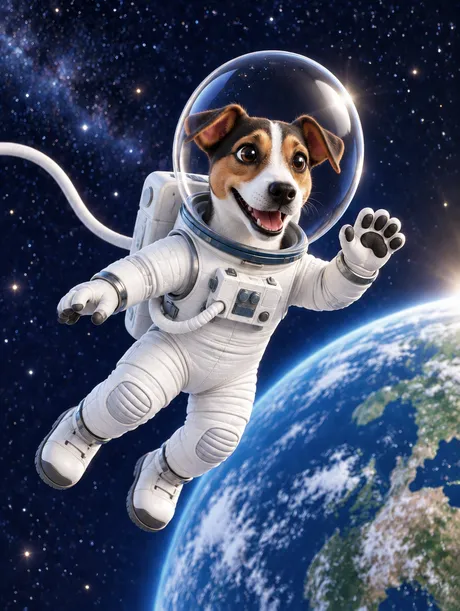 Portrait 3D animé d'un jack russell astronaute en sortie spatiale devant la Terre