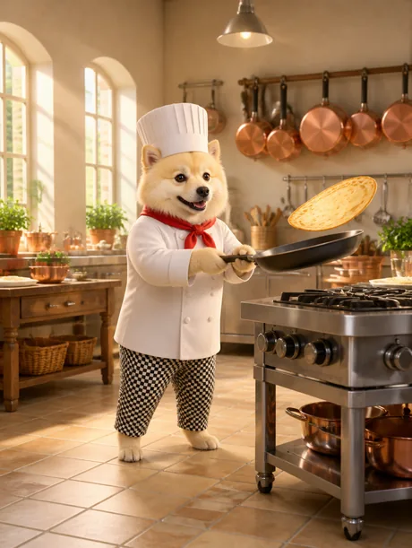 Portrait 3D animé d'un spitz en chef cuisinier faisant sauter une crêpe