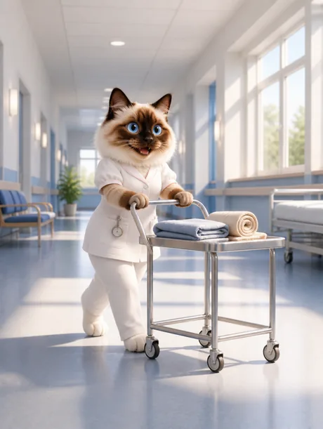 Portrait 3D animé d'un ragdoll en infirmière poussant un chariot de soins