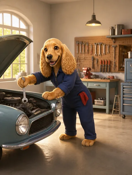 Portrait 3D animé d'un cocker en mécanicien penché sur un moteur dans un garage