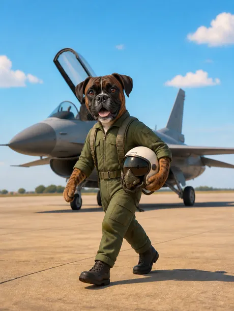Portrait 3D animé d'un boxer en pilote de chasse sur un tarmac, casque sous le bras
