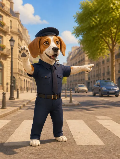 Portrait 3D animé d'un épagneul breton en policier réglant la circulation à un carrefour