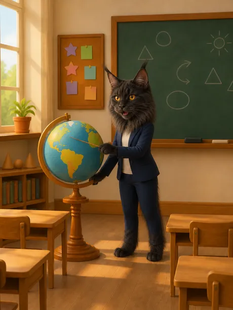 Portrait 3D animé d'un maine coon en professeur devant un tableau vert et un globe