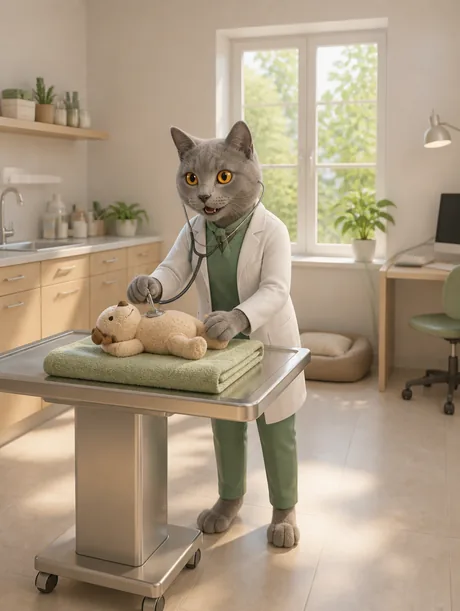 Portrait 3D animé d'un chartreux en vétérinaire auscultant une peluche