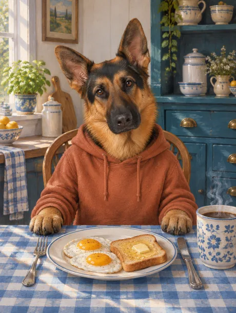 Portrait peint d'un animal dans une scène de la vie quotidienne : couverts dressés devant l'assiette, l'œuf encore intact.