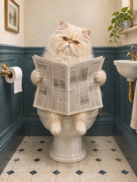 Portrait peint d'un animal dans une scène de la vie quotidienne : sur la cuvette, le journal grand ouvert, l'air de rien.