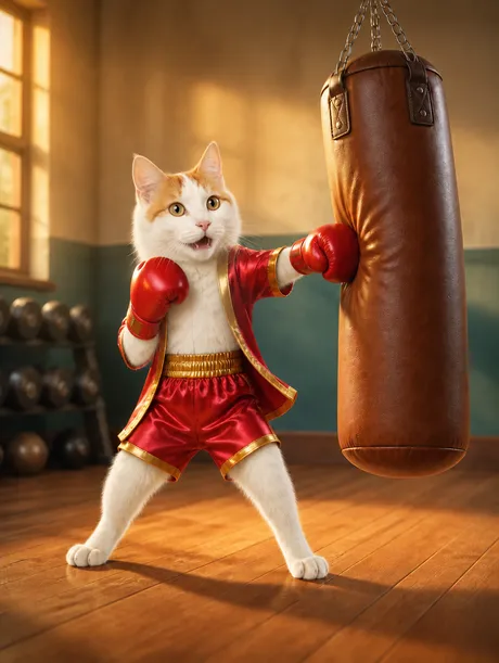 Portrait 3D animé d'un turkish van boxeur frappant un sac de frappe