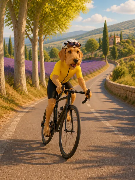 Portrait 3D animé d'un teckel cycliste en maillot jaune sur une route de lavande