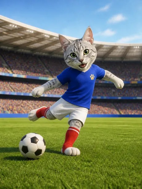 Portrait 3D animé d'un chat egyptian mau footballeur frappant le ballon dans un stade