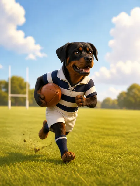 Portrait 3D animé d'un rottweiler rugbyman courant ballon sous le bras