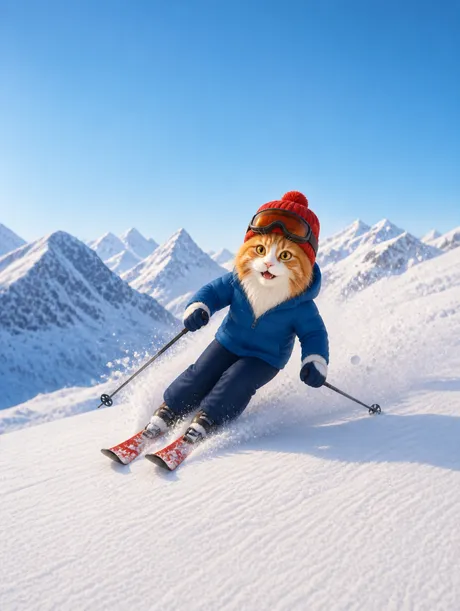 Portrait 3D animé d'un chat norvégien skieur dans une gerbe de poudreuse