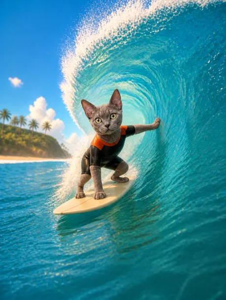 Portrait 3D animé d'un devon rex surfeur à l'intérieur d'une vague