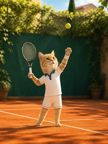 Portrait 3D animé d'un chat british au service sur un court en terre battue