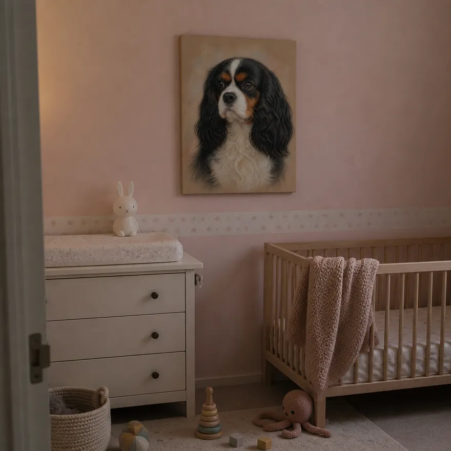 Portrait pastel d'un cavalier king charles sur toile, accroché dans une chambre de bébé aux murs rose poudré