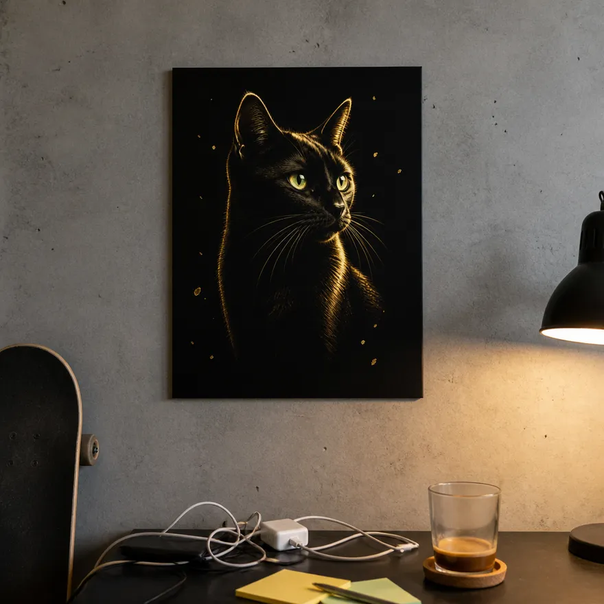 Portrait clair-obscur doré d'un chat noir sur panneau aluminium, dans un bureau au mur en béton brut