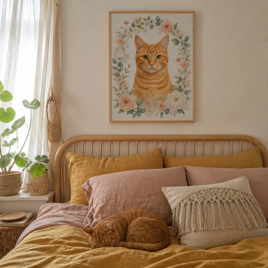 Portrait aquarelle d'un chat roux entouré de fleurs, sur toile encadrée bois au-dessus d'un lit dans une chambre bohème