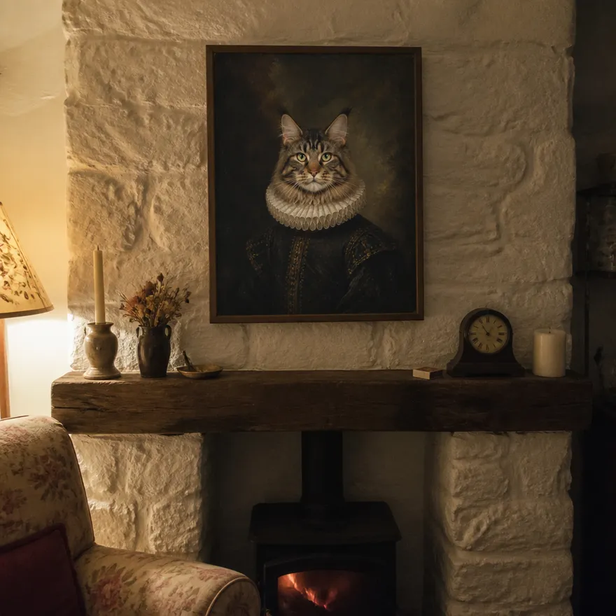 Portrait Renaissance d'un maine coon sur toile encadrée bois, au-dessus d'une cheminée en pierre