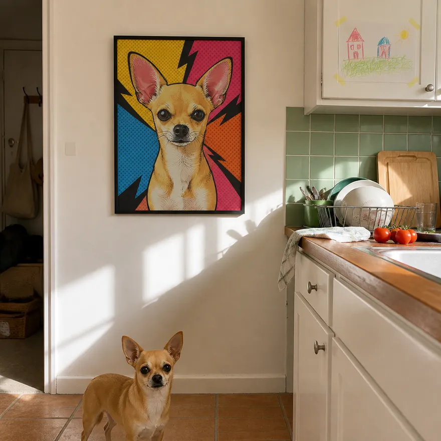 Portrait pop art coloré d'un chihuahua encadré dans une cuisine, le chien assis juste en dessous