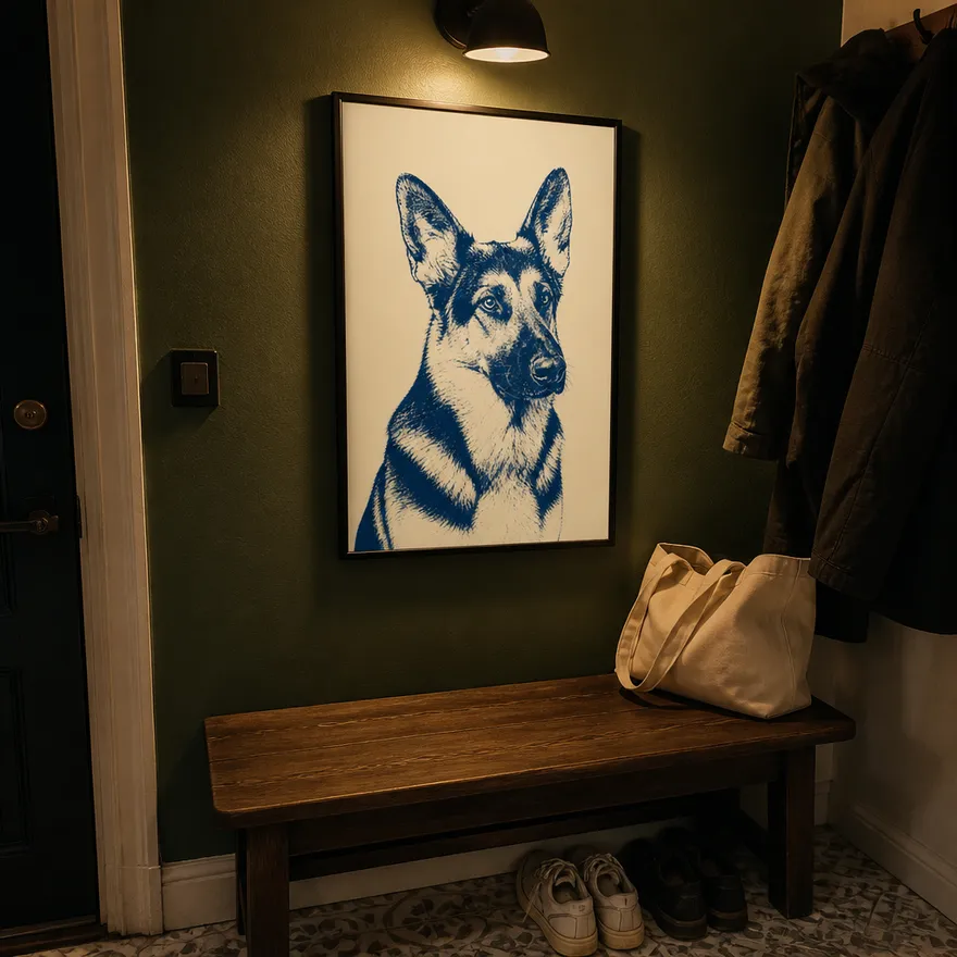 Portrait graphique bleu et crème d'un berger allemand, encadré dans une entrée aux murs vert forêt