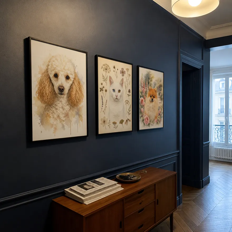 Trois portraits d'animaux encadrés (caniche, chat, loulou de Poméranie) sur un mur bleu nuit dans une entrée