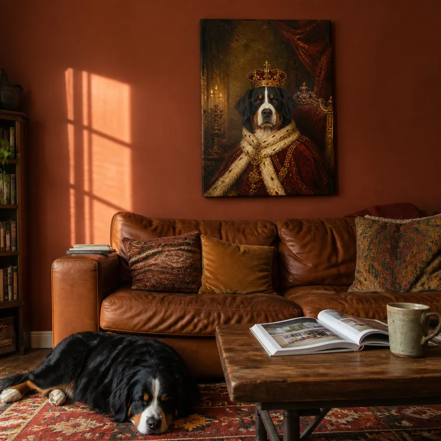 Portrait royal d'un bouvier bernois sur toile, accroché au-dessus d'un canapé en cuir dans un salon aux murs terracotta