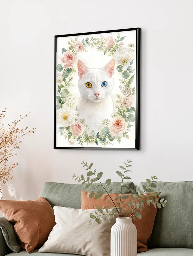 Couronne florale encadré, en situation dans un salon