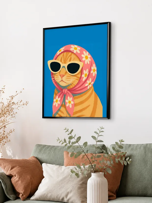 Foulard fleuri encadré, en situation dans un salon